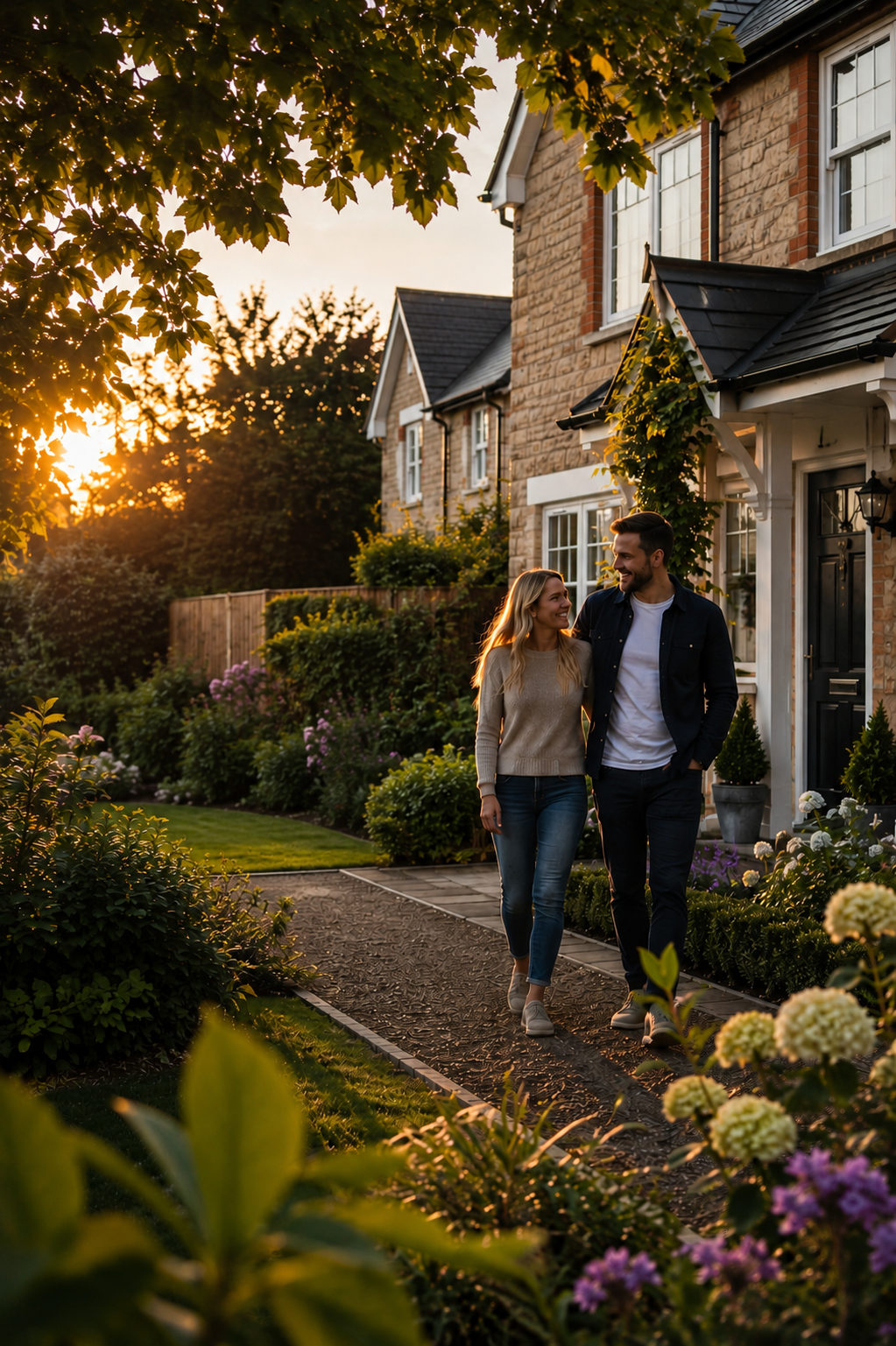 Couple walking up to their South Wales home at golden hour
